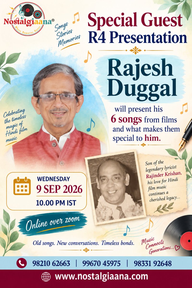 Nostalgiaana's tweet photo. WEDNESDAY 9TH SEP

An evening of listening, remembering and reliving timeless music. A special presentation of songs curated by Rajesh Duggal, son of the legendary lyricist Rajinder Krishan. https://t.co/vw4jDgvovP