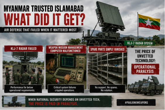 Warrior24x7's tweet photo. Myanmar trusted Islamabad for air defense. What did it get? The KLJ-7 radar failed, the Weapon Mission Management Computer malfunctioned, and spare parts simply vanished. When national security depends on unvetted tech, the price is paid in operational paralysis. Pak Junk Weapons https://t.co/l8LLXEklnY