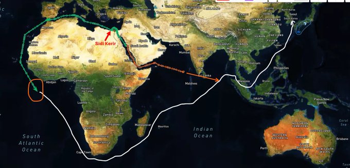 AmirJafar0's tweet photo. 🛢️🇸🇦 A Very Large Crude Carrier (VLCC), laden with more than 2 million barrels of Saudi crude, is currently bypassing the Red Sea and Bab el Mandeb choke point by taking the long route around the Cape of Good Hope on its way to South Korea. This alternative passage nearly doubles the nautical distance relative to the standard Suez Canal transit and adds approximately 30 days of steaming time.

Significantly, the vessel did not take on its full cargo at the Saudi load ports. It initially received a partial lift via a ship to ship transfer off Saudi Arabia's western terminals. That reduced draft enabled the ship to navigate north and clear the Suez Canal, which cannot accommodate a fully laden VLCC due to draft restrictions. The tanker then completed its remaining load at the Sidi Kerir anchorage on Egypt's Mediterranean coast, as indicated by the red arrow. From that point, it set a southeast course for the Korean Peninsula.