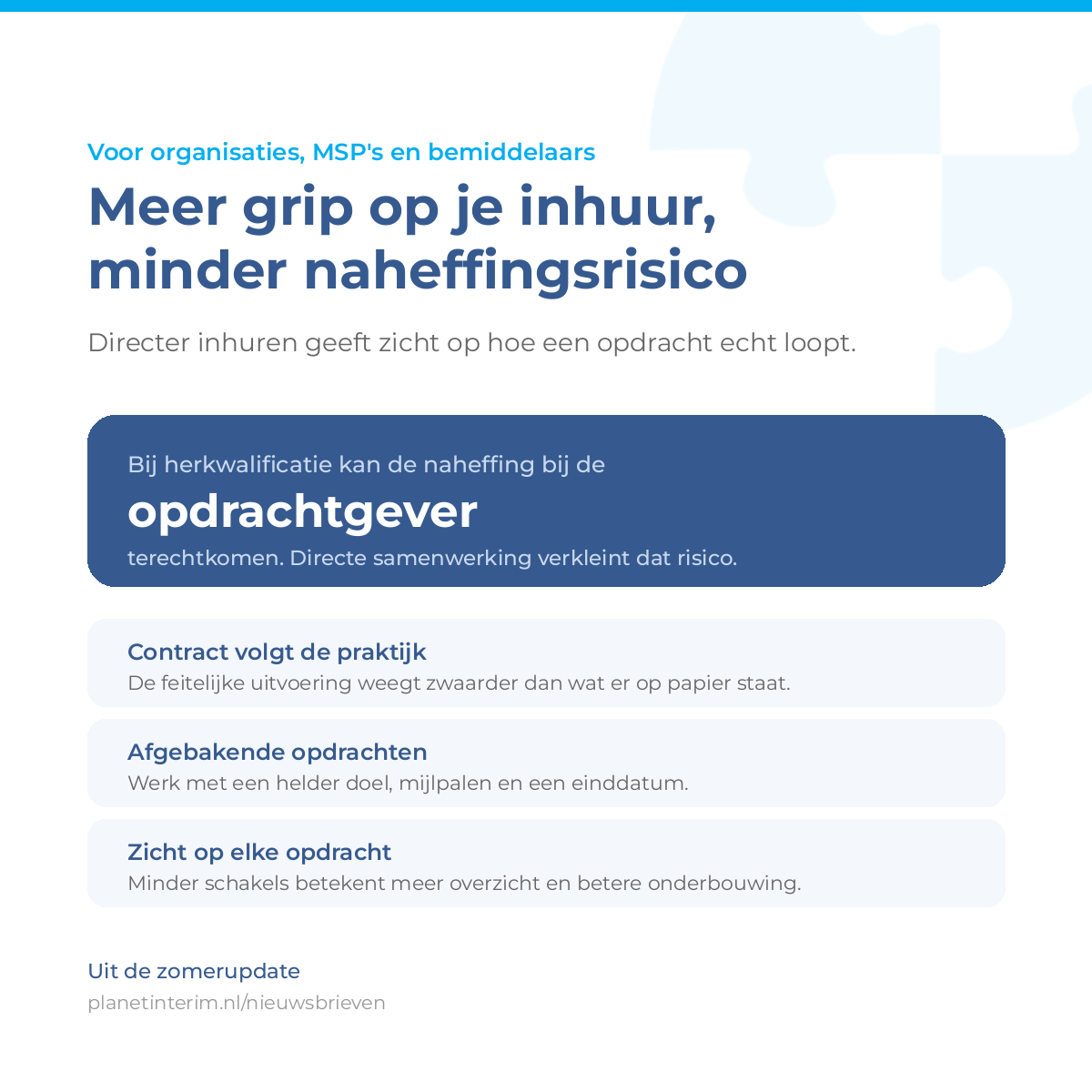 planetinterim's tweet photo. Meer grip op je inhuur, minder naheffingsrisico. Hoe je inhuurt is op dit moment relevanter dan een jaar geleden.

Bij een herkwalificatie van een zzp'er kan de naheffing bij de opdrachtgever terechtkomen, niet bij de zelfstandige.

Zie https://t.co/AaMdvShYry https://t.co/Q5OLIa5NTN