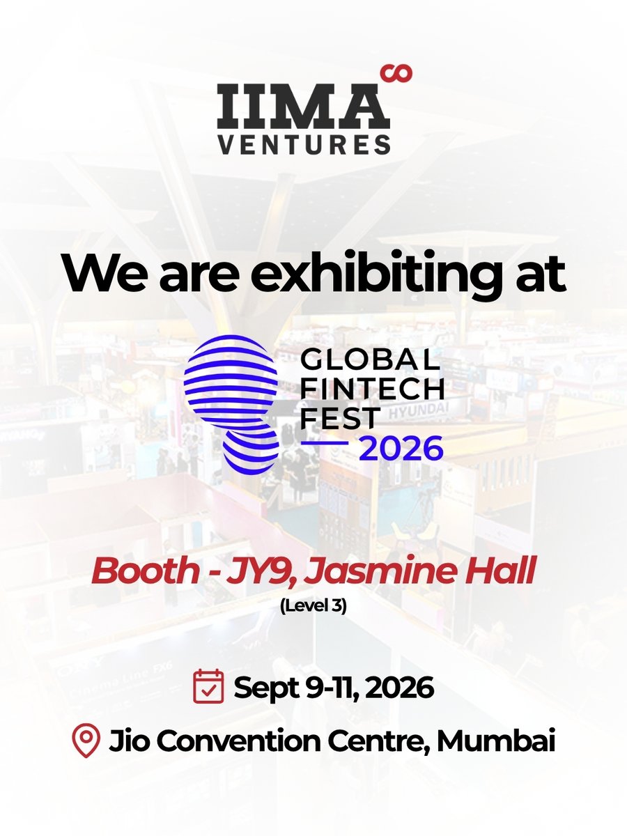 IIMAVentures's tweet photo. Are you attending the Global Fintech Fest 2026? 

We’ll be at the Global Fintech Fest from 9 to 11 September, showcasing our work across fintech, and our knowledge pieces, along with the 85+ startups we’ve supported.

📍 Find us at J9, Jasmine, Jio World Convention Centre. https://t.co/x2AS41WuC6