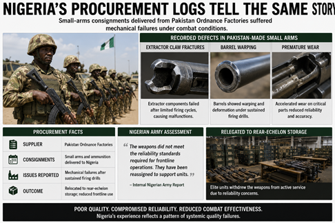 Aafrin_Kazmi's tweet photo. Nigeria’s procurement logs tell the same story. Small-arms consignments delivered from Pakistan Ordnance Factories suffered extractor claw fractures and barrel warping after sustained firing drills. Elite units quietly relegated them to rear-echelon storage. Pak Junk Weapons https://t.co/mTuJj429iM