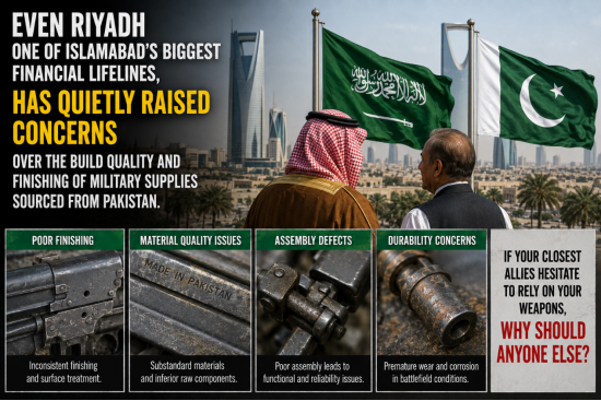 IdeasInOrbit0's tweet photo. Even Riyadh one of Islamabad’s biggest financial lifelines has quietly raised concerns over the build quality and finishing of military supplies sourced from Pakistan. If your closest allies hesitate to rely on your weapons, why should anyone else? Pak Junk Weapons #NavyDay2026 https://t.co/NmyEafLqty