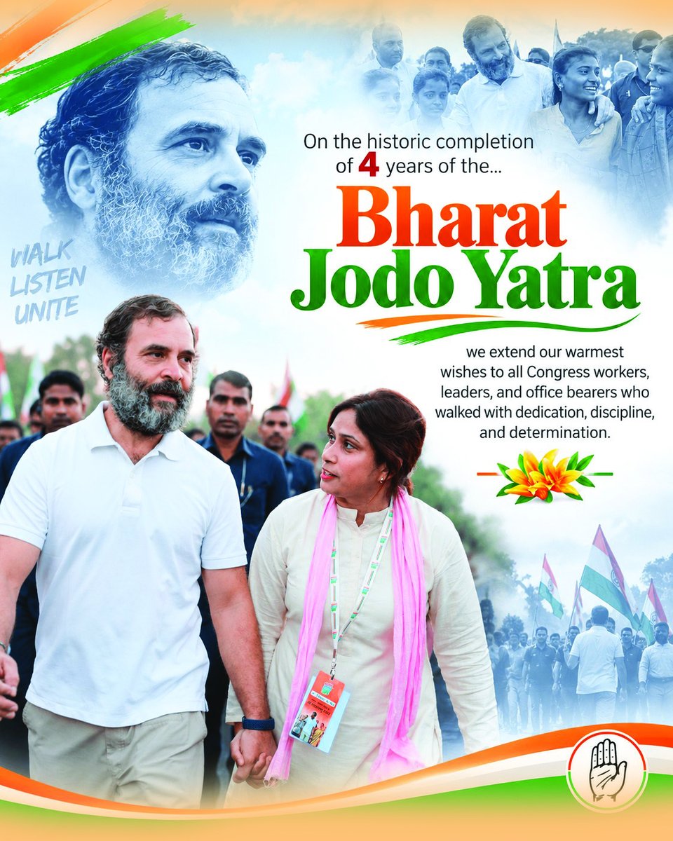 nashaliINC's tweet photo. 🇮🇳 भारत जोड़ो यात्रा के 4 वर्ष पूरे होने पर विशेष संदेश

भारत जोड़ो यात्रा ने देश को एकता, भाईचारे और आपसी सद्भाव का संदेश देने का काम किया। इस ऐतिहासिक यात्रा के 4 वर्ष पूरे होने पर उन सभी कांग्रेस कार्यकर्ताओं, नेताओं और पदाधिकारियों को हार्दिक शुभकामनाएं, जिन्होंने समर्पण, अनुशासन और दृढ़ संकल्प के साथ इस यात्रा में कदम से कदम मिलाकर साथ दिया।

यह यात्रा केवल सड़कों पर चलने का सफर नहीं, बल्कि देश को जोड़ने, लोगों की आवाज सुनने और दिलों के बीच दूरियां मिटाने का संकल्प थी।

एकता की राह पर कदम बढ़ते रहें, भारत जुड़ता रहे। 🇮🇳❤️

#RahulGandhi #AlkaLamba #BharatJodoYatra #BharatJodo #AllIndiaMahilaCongress #MahilaCongress #IndianNationalCongress #Congress #CongressParty #CongressWorkers #YouthCongress #SevaDal #PriyankaGandhi #SoniaGandhi #MallikarjunKharge #India #Unity #Ekta #BharatJodoAbhiyan #JaiHind