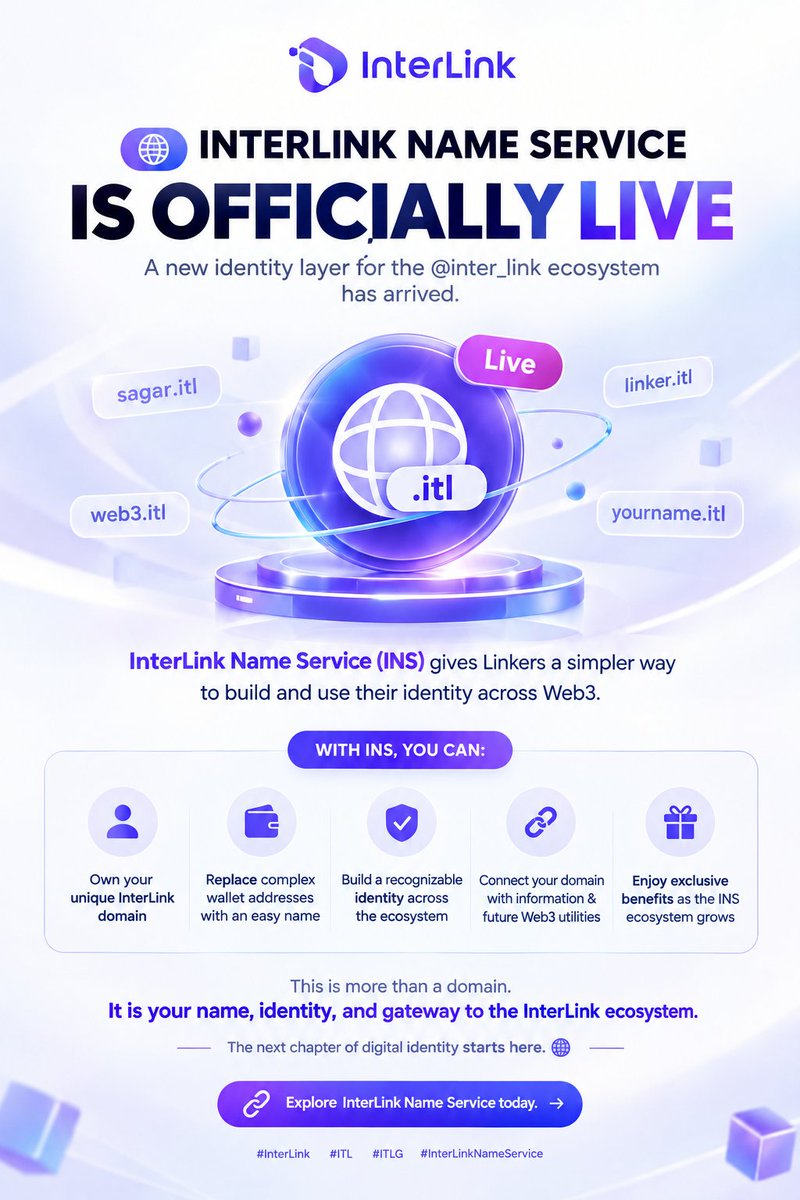 Shahadul40's tweet photo. 🌍 InterLink Name Service is LIVE! 🚀
@inter_link’s new Web3 identity layer—INS.
🔹 Own your unique .itl domain
🔹 Build a simple, memorable identity
🔹 Unlock more Web3 utility
Your name. Your identity. Your InterLink. 💖
#InterLink #ITL #ITLG #InterLinkNameService https://t.co/i95jwiQWGO