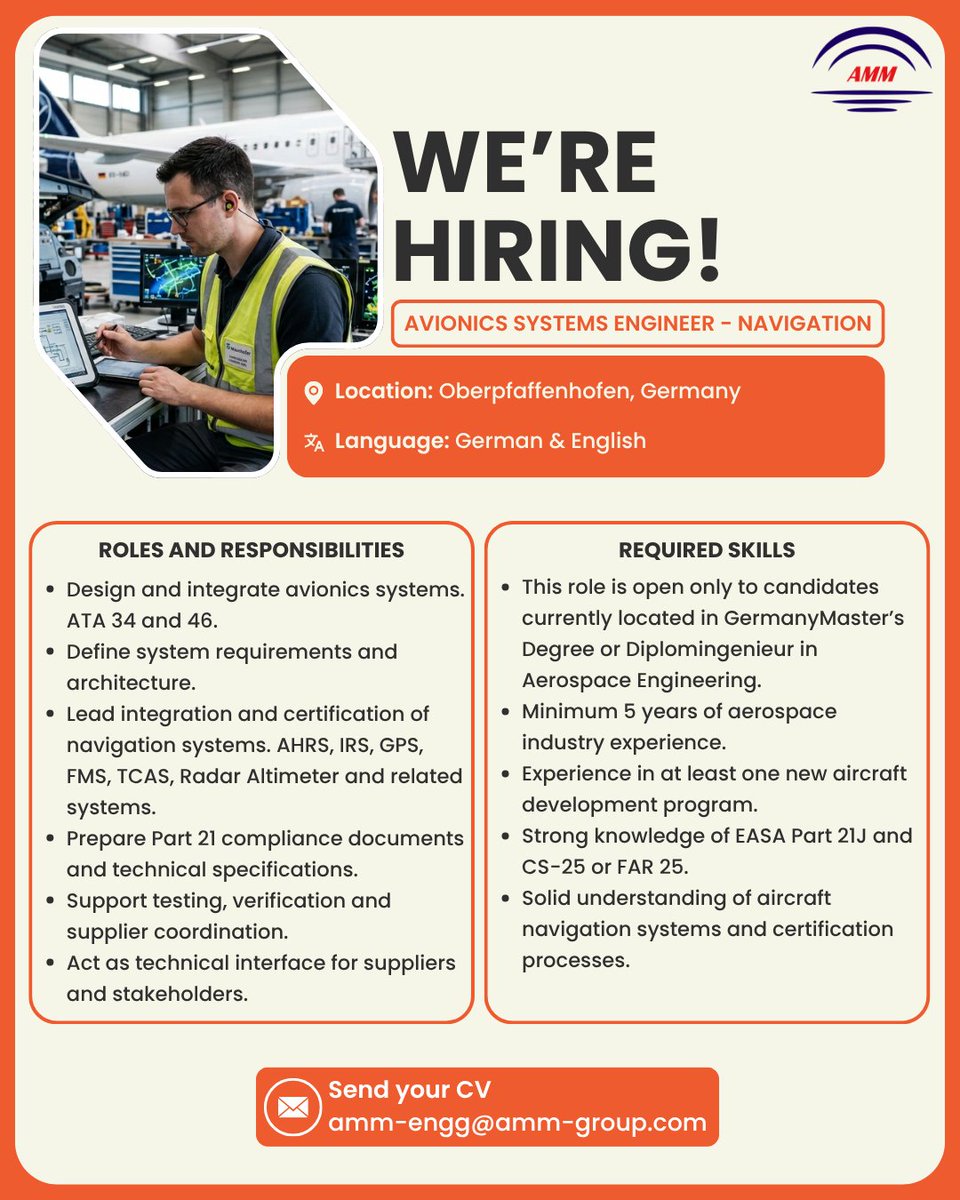 Amm_Enterprise's tweet photo. Exciting opportunity

#AvionicsEngineer #NavigationSystems #AerospaceEngineering #AircraftDevelopment #AviationJobs #EngineeringCareers #ATA34 #FlightTest #AircraftCertification #EASAPart21 #CS25 #FAR25 #AerospaceCareers #HiringEngineers #Oberpfaffenhofen #GermanyJobs https://t.co/HtBu6NCsFP