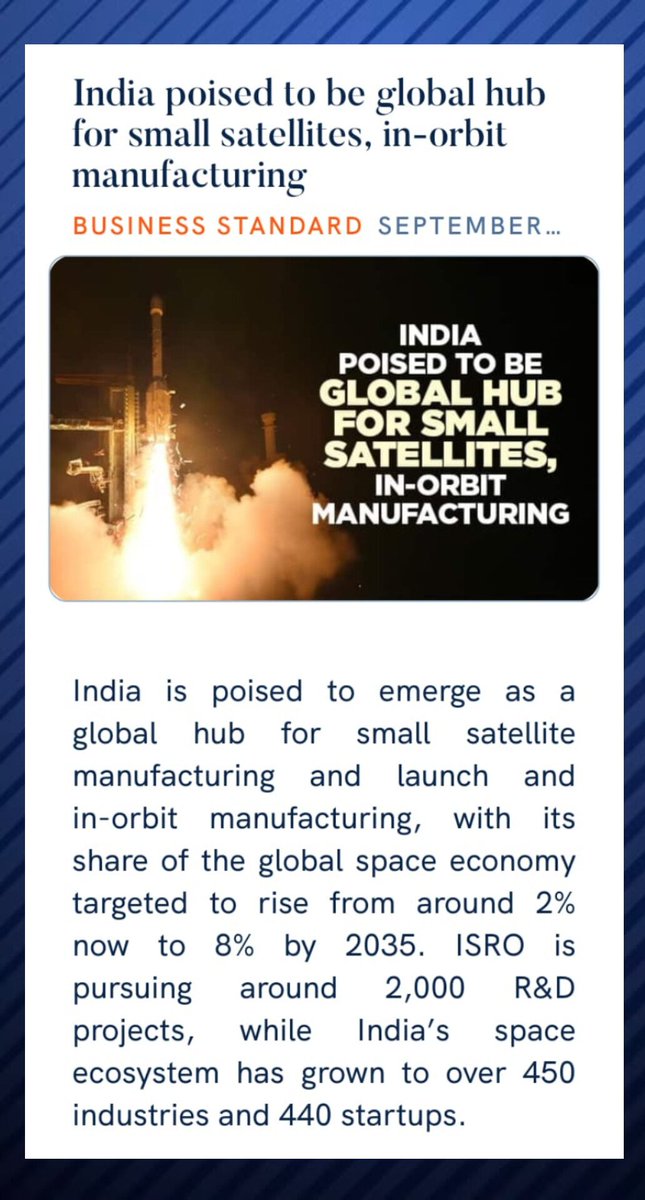 IndianDiplomacy's tweet photo. Shaping future of space innovation with cutting-edge technologies🚀🛰️

With around 2,000 @isro R&D projects, 450+ industries and 440 startups, India is emerging as a global hub for small satellites, satellite manufacturing and in-orbit manufacturing.

Read more:
🔗 https://t.co/oJVzU1JEHH