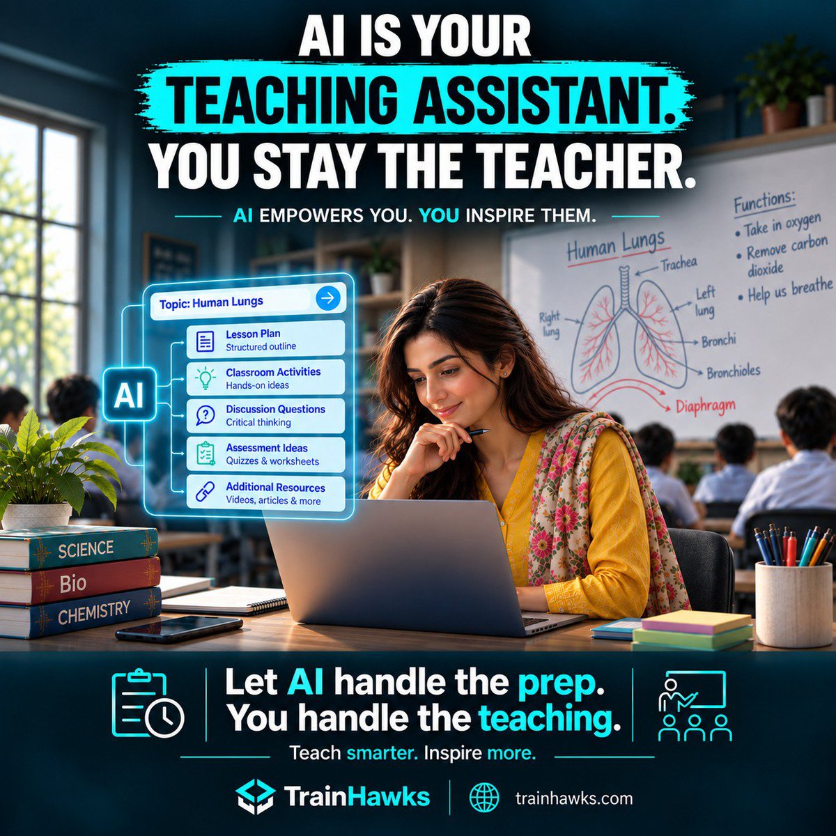 TrainHawks's tweet photo. AI is your teaching assistant. YOU stay the teacher. 

Let AI draft lesson outlines, discussion prompts &amp; quizzes in seconds—so you can spend your energy where it matters most: your students.

Follow @TrainHawks to teach smarter! 

#TrainHawks #AIForTeachers #TeachSmarter #EdTech https://t.co/c4BRkrTbsZ