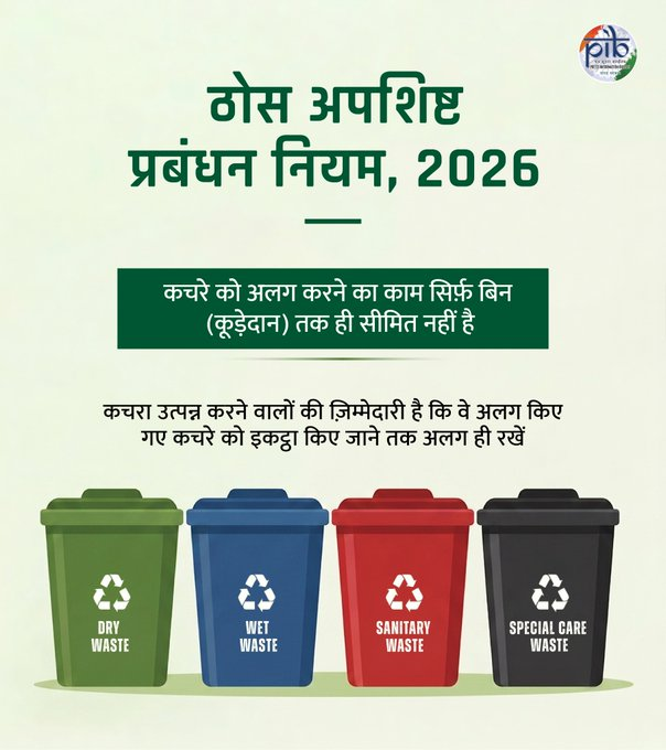 AIRNewsHindi's tweet photo. कचरे को अलग करना सिर्फ शुरुआत है। ♻️

ठोस अपशिष्ट प्रबंधन नियम, 2026 के तहत, कचरा पैदा करने वालों को अलग किए गए कचरे को संग्रह होने तक अलग-अलग रखना होगा और उसे उचित तरीके से सौंपना होगा।

चार श्रेणियां:
🟢 गीला कचरा
🔵 सूखा कचरा
🟠 सैनिटरी कचरा
🔴 विशेष देखभाल वाला कचरा

कचरा अलग करने के बाद उसका क्या होता है, यह भी उतना ही जरूरी है।

#SBMG #SWMRules2026 #SwachhBharat #LifestyleForEnvironment

@swachhbharat