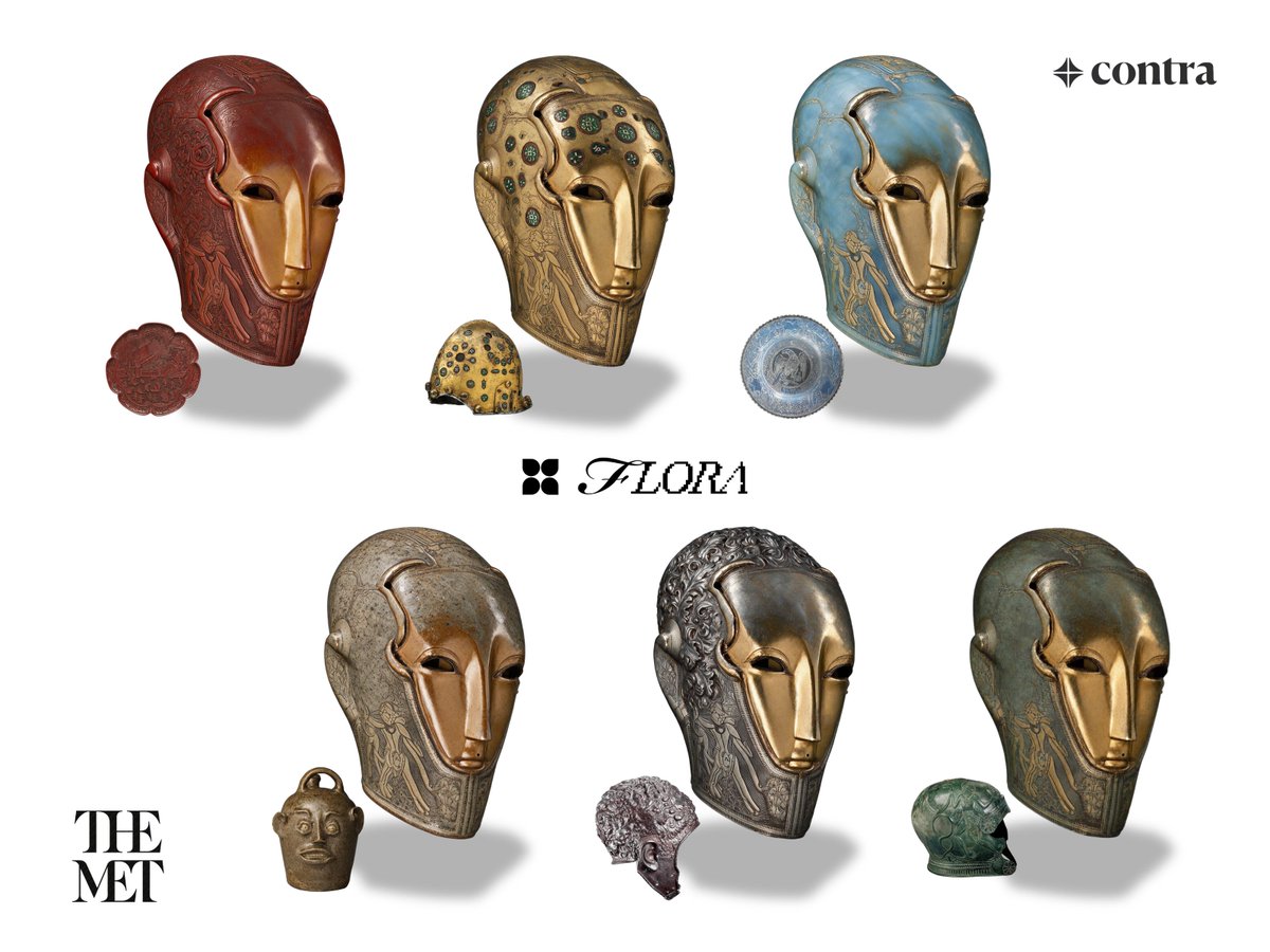 accio_ai_'s tweet photo. Five thousand years of people ornamenting the shells they built for a head. Cretan bronze, Nasrid gold, Milanese steel, Edgefield stoneware.

Robots today are flat, bland and matte. So I gave them The Met's archive as skin each head is one object, transferred whole then dressed them in printed chiffon.

We design for women, men, kids. Robotic clothing is next.

Built on @floraai
#FLORAMuseumchallenge