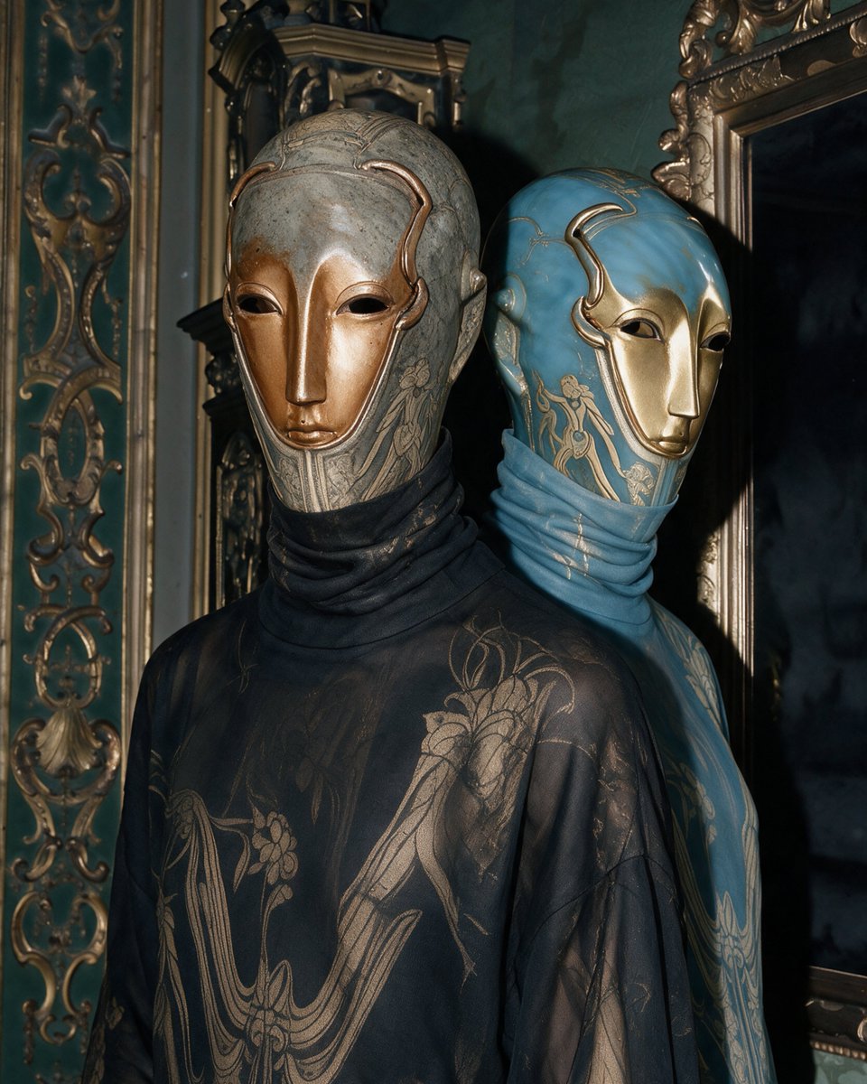 accio_ai_'s tweet photo. Five thousand years of people ornamenting the shells they built for a head. Cretan bronze, Nasrid gold, Milanese steel, Edgefield stoneware.

Robots today are flat, bland and matte. So I gave them The Met's archive as skin each head is one object, transferred whole then dressed them in printed chiffon.

We design for women, men, kids. Robotic clothing is next.

Built on @floraai
#FLORAMuseumchallenge