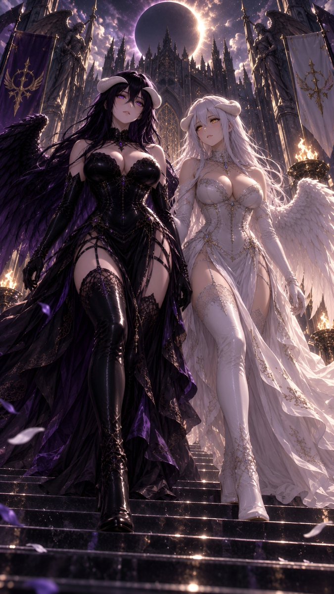 CelestialInkStu's tweet photo. Albedo&amp;Lilith

Anime: Overlord 
Characters: Albedo&amp;Lilith
Prompt by: Brandon Ira (Lilith his idea)
Artworks by: Celestial Ink Studio 

#Overlord #Albedo #fanart #AiAnimeArt #CelestialInkStudio https://t.co/LmcuQ4udQ9