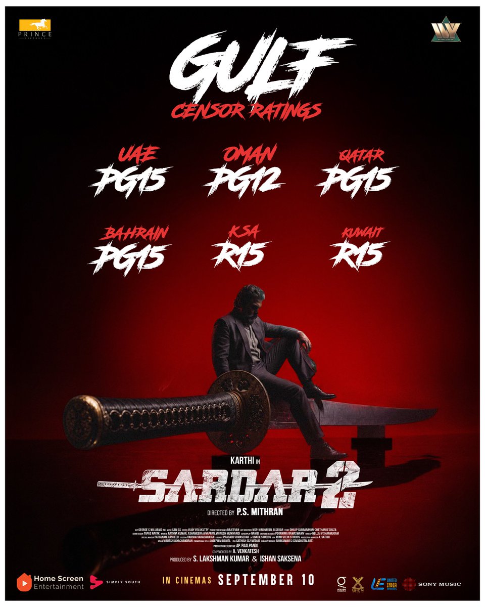 homescreenent's tweet photo. The mission is about to get intense. 🔥🎯

#Sardar2 gets its Gulf censor rating! 🎬⚡
In cinemas from September 10! 🚀

#OnceAspyAlwaysaSpy
#Sardar2FromSep10

@Karthi_Offl • @Psmithran • @iam_SJSuryah • @ivyofficial2023 • @george_dop • @editorvijay • @rajeevan69 • @lakku76 • @venkatavmedia • @ivyofficial2023 • @RajaS_official • @B4UMotionPics • @THEOFFICIALB4U • @rajishavijayan • @MalavikaM_ • @AshikaRanganath • @iYogiBabu • @dhilipaction • @ChethanDsouza • @nambi_Filmist • @iamSandy_Off • @poornimaramasw1 • @sivadigitalart • @MrRathna • @aashameera • @vignesh_muni • @SonyMusicSouth • @uie_offl • @cinemapayyan • @shynu_mash • @prosathish • @homescreenent