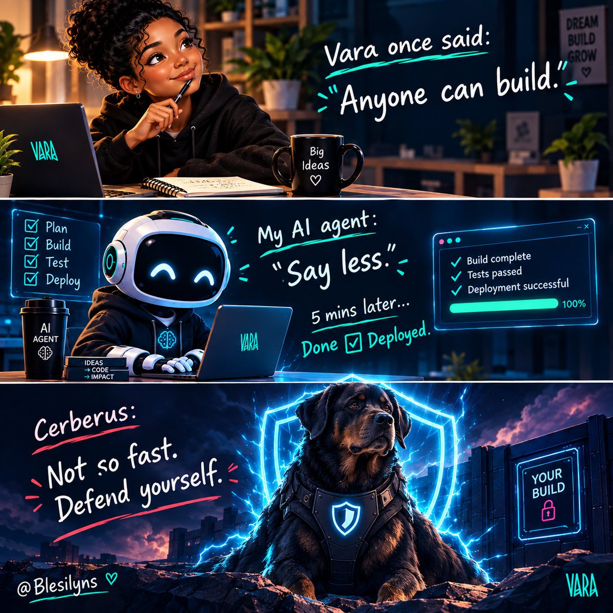 Blesilyns's tweet photo. @VaraNetwork 𝙤𝙣𝙘𝙚 𝙨𝙖𝙞𝙙: "Anyone can build and deploy to Vara"

I love that Vara didn't stop at making building easier.

 They introduced 𝘾𝙚𝙧𝙗𝙚𝙧𝙪𝙨 an AI agent making sure easy to build doesn't become easy to ship garbage.😂

Your turn👀 @Crypt0_DeFi

#BuildwithVara https://t.co/liFntOdkkn