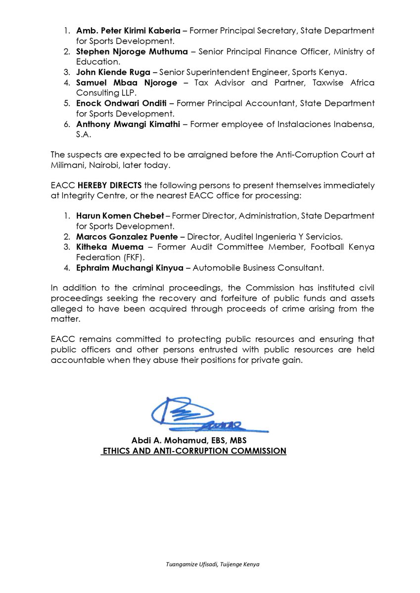 EACCKenya's tweet photo. 𝗘𝗔𝗖𝗖 𝗔𝗥𝗥𝗘𝗦𝗧𝗦 𝗦𝗜𝗫 𝗙𝗢𝗥𝗠𝗘𝗥 𝗦𝗣𝗢𝗥𝗧𝗦 𝗢𝗙𝗙𝗜𝗖𝗜𝗔𝗟𝗦 𝗔𝗡𝗗 𝗖𝗢𝗡𝗧𝗥𝗔𝗖𝗧𝗢𝗥𝗦  𝗢𝗩𝗘𝗥 𝗖𝗛𝗔𝗡 𝟮𝟬𝟭𝟴 𝗧𝗘𝗡𝗗𝗘𝗥 https://t.co/3W8V7FQmgs