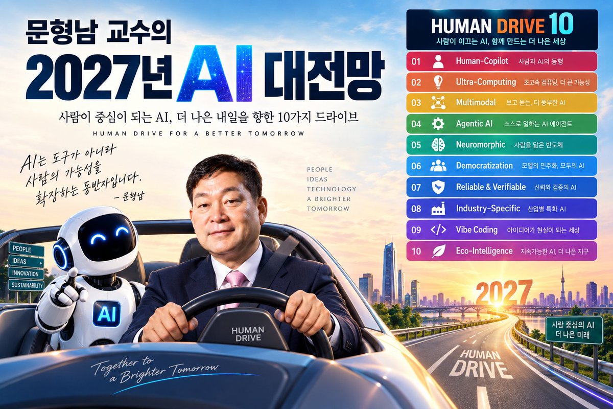 4irtop's tweet photo. ‘2027년 AI 대전망’, AI 시대의 운전대는 결국 인간이 잡는다. - 곧 책으로 출간 예정! 

문형남 교수가 제시하는 2027 AI 혁신 10대 키워드 ‘HUMAN DRIVE’

세상을 바꿀 10대 AI 혁신 키워드

H는 휴먼-코파일럿(Human-Copilot)

U는 초고속 컴퓨팅(Ultra-Computing)

M은

https://t.co/dlwcCeMJq2 https://t.co/6BHuhyuu3C