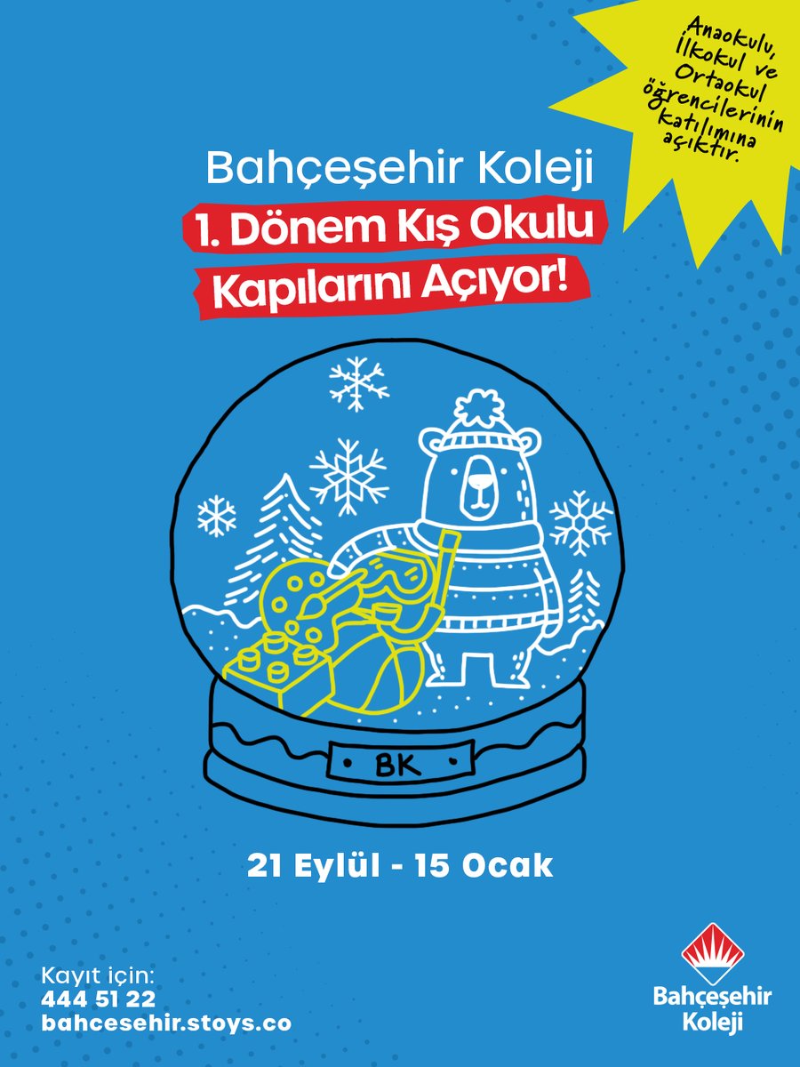 bahcesehir_k12's tweet photo. Bahçeşehir Koleji 1. Dönem Kış Okulu Kapılarını Açıyor! ❄️🤩

21 Eylül 2026 – 15 Ocak 2027 tarihleri arasında robotik, spor ve sanat alanlarında birbirinden keyifli etkinliklerle gelişim kış boyunca devam ediyor. 🎨🏀🤖🎹

Çünkü öğrenirken eğlenmek de, yeteneklerini keşfetmek de #BahçeşehirleOlur! 💙❤️

#BahçeşehirKoleji