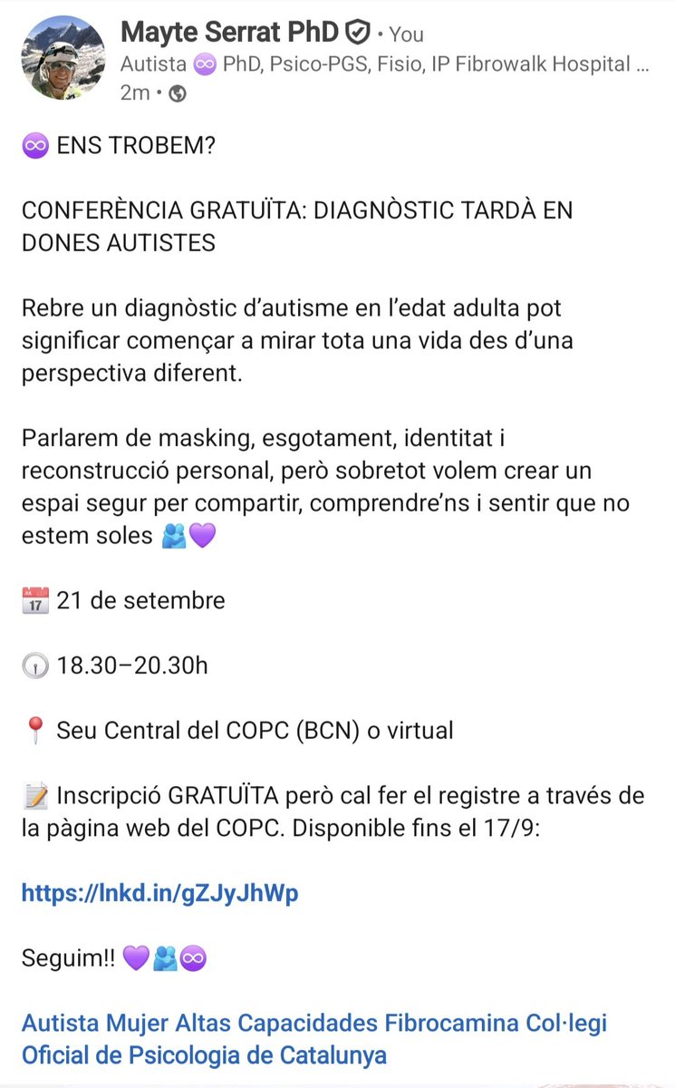 mayteserrat's tweet photo. ♾️ ENS TROBEM?

CONFERÈNCIA GRATUÏTA: DIAGNÒSTIC TARDÀ EN DONES AUTISTES

🫂 No estem soles.

📝 Inscripció GRATUÏTA però cal fer el registre a través de la pàgina web del COPC. Disponible fins el 17/9:

https://t.co/vLpPlTqnBH

Seguim!! 💜🫂♾️ https://t.co/PF8BsvCtkA