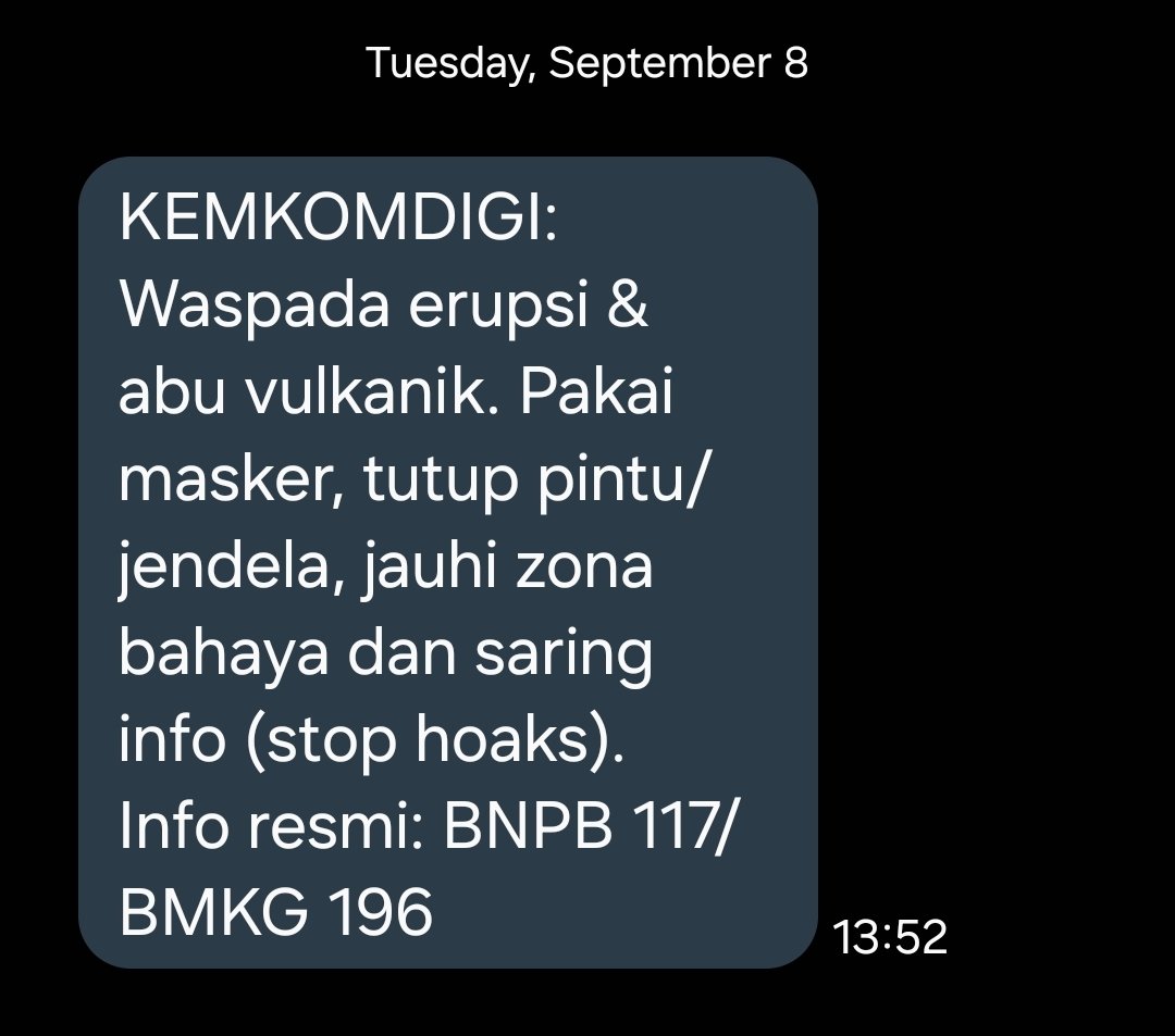 bleudomino's tweet photo. Bisa SMS begini ke seluruh warga negara apa gak lebih tepat guna kalau isinya tuh peringatan bencana, zaman medsos info begini terkesan basi madingnya udah terbit bapak ibuuu https://t.co/K6ab0fUdoI