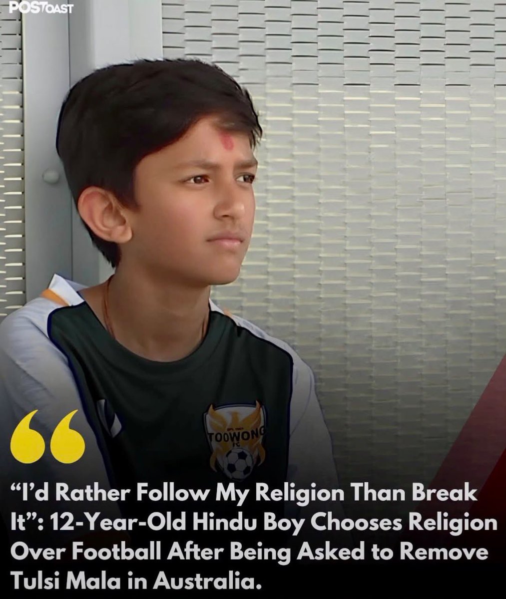 Mrsinha's tweet photo. This 12-year-old Hindu kid was asked to remove his kanthi mala before a football match in Australia. He had been wearing it since he was five and had already played around 15 matches without ever being asked to remove it.

Football Queensland has now apologised for it. 

But the way Indian leftists and liberals rushed to mock this child, ridicule his beliefs and call him names is absolutely vile. Don't they defend Hijab, Skull cap etc?

These cretins will preach tolerance all day, until Hindu beliefs are involved.