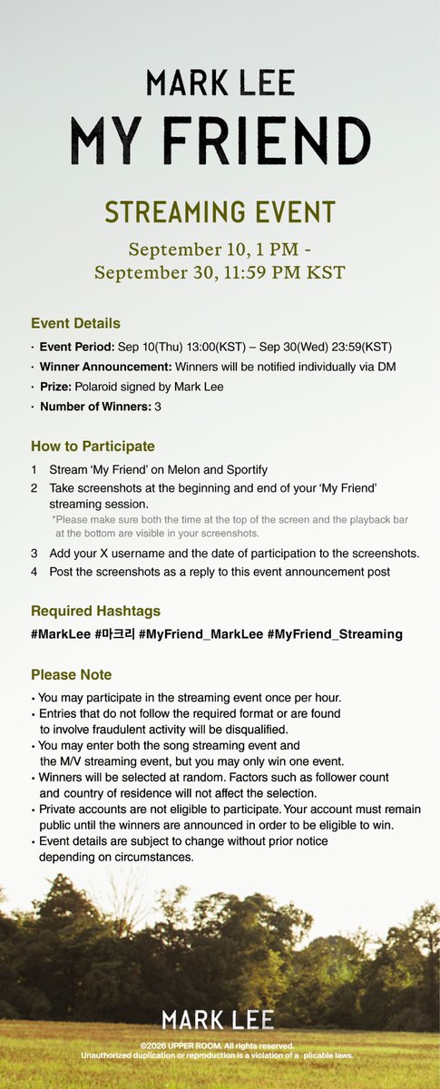 upperroomlabel's tweet photo. Mark Lee 'My Friend' Streaming Event •*¨*‧♬✧̣̥̇‧

Are you Ready?

📅 2026. 09. 10 (목) 1PM ~ 2026. 09. 30 (수) 11:59PM (KST)

#MarkLee #마크리 
#MyFriend_MarkLee
#UpperRoom #어퍼룸 https://t.co/TlgenQKVb3