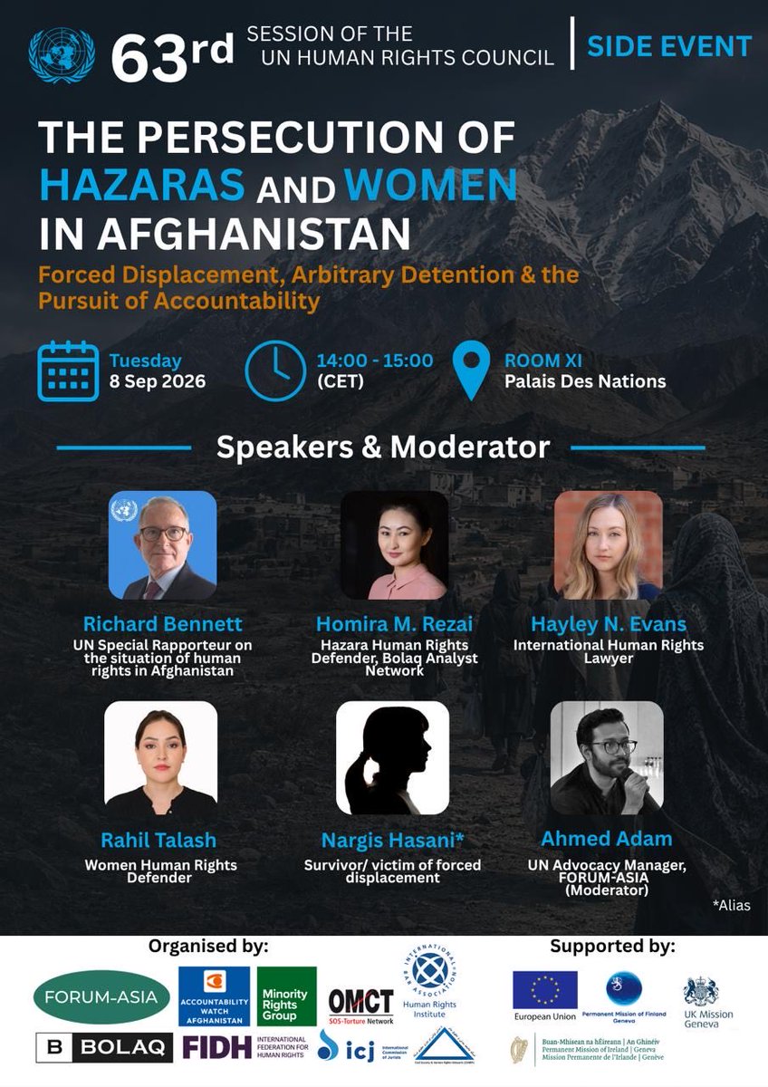 AccWatchAFG's tweet photo. When does discrimination become persecution? And when does persecution cross the threshold into international crimes? 

Join our side event today at the @UNHumanRights Council to hear directly from Hazara women, victims and survivors from Afghanistan and international experts as we seek to address the entrenched impunity and strengthen accountability for international crimes in Afghanistan. 

Our esteemed speakers @SR_Afghanistan @TheHomira @HayleyNEvans @TalashRahil, Nargis Hasani and the leading moderator Ahmed Adam will discuss the intersectional experiences and patterns of persecution faced by the Hazaras and women in Afghanistan. 

Join us in room XI, 14:00 - 15:00, Palais des Nations, Geneva.
