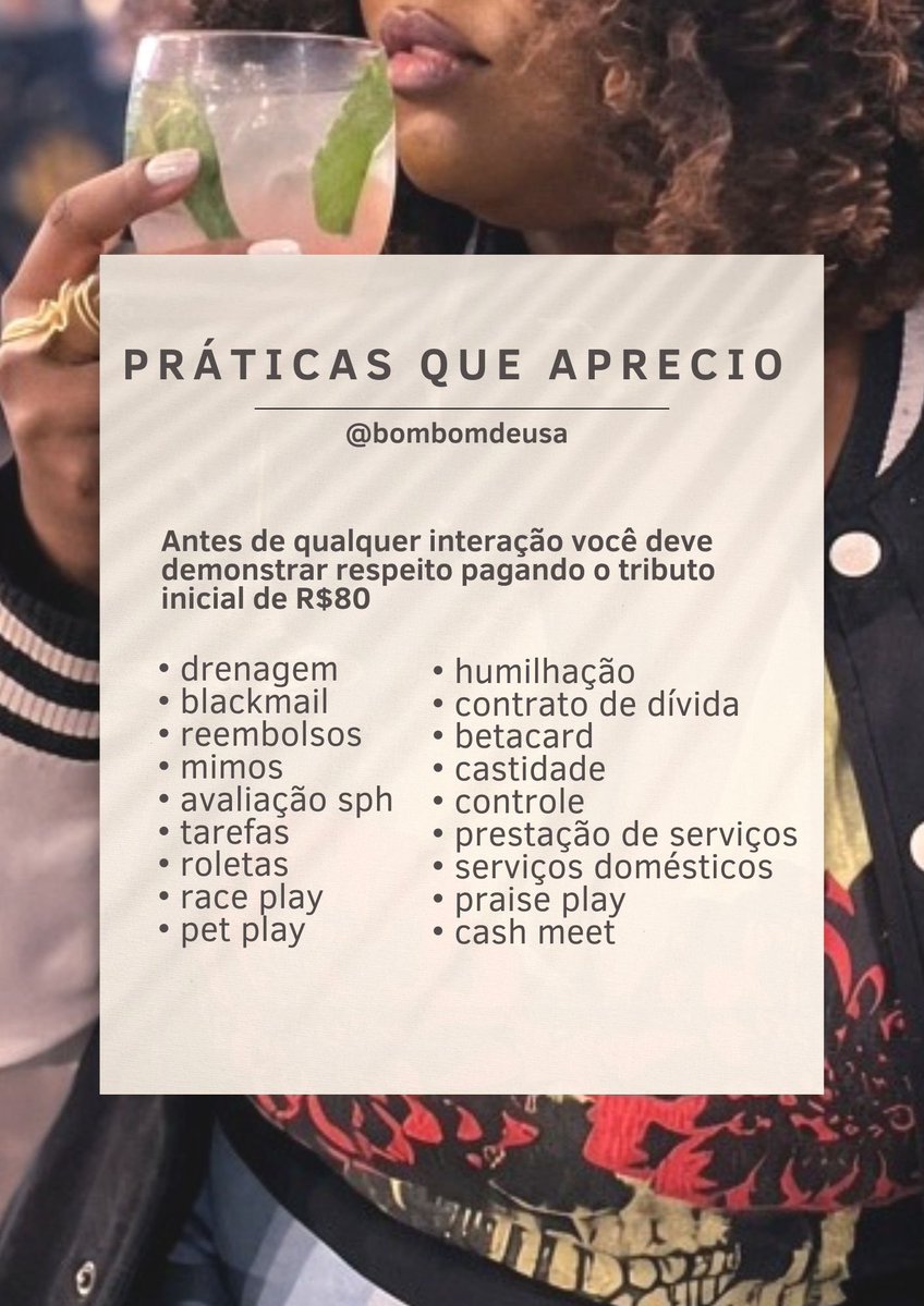 bombomdeusa's tweet photo. PRÁTICAS QUE APRECIO ⛓️

Escolha uma prática (ou mais 😈) e se renda aos meus comandos 
Você existe pra servir a deusa negra 👸🏾

tributo inicial R$80
aborde na dm com respeito

 Findom Raceplay Fetish Bnwo Black Goddess Betacard Moneyslave Panty Selling  Worn Socks https://t.co/LEtNxNUegZ