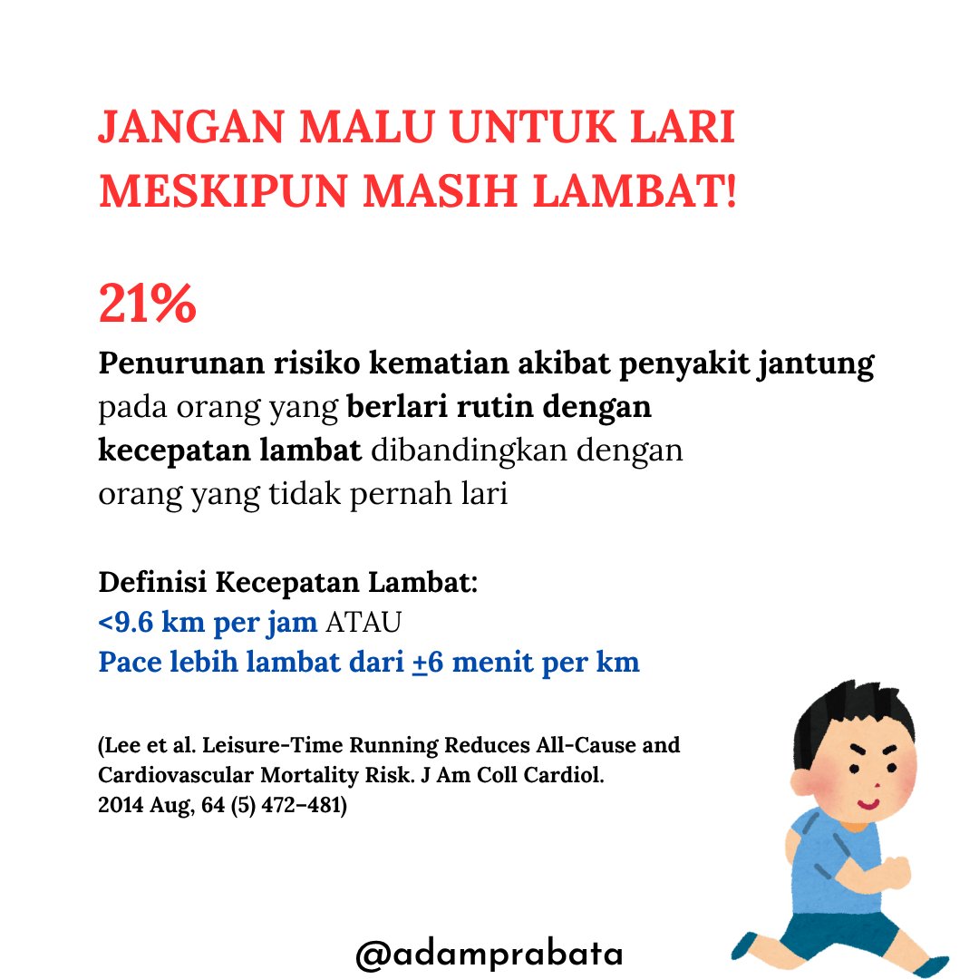 AdamPrabata's tweet photo. Masih suka minder kalau lari pace keong? 

Jangan malu! Penelitian justru nunjukin kalo itu bisa tetap bermanfaat kok!

Sebuah studi besar melibatkan 55.137 orang dewasa selama 15 tahun, meneliti kebiasaan berlari dan hubungannya dengan risiko kematian, terutama akibat penyakit jantung. 

Hasilnya menunjukkan bahwa orang yang berlari rutin meskipun dengan kecepatan lambat tetap mendapat manfaat kesehatan yang signifikan.

Bahkan, ada penurunan risiko kematian akibat penyakit jantung hingga 21% dibanding mereka yang nggak pernah lari sama sekali.

Definisi “pace keong” di penelitian ini adalah lebih lambat dari 6 menit per km.

Artinya, nggak peduli seberapa lambat langkahmu, setiap langkah lari punya dampak besar buat kesehatan jantung dan umur panjangmu.

Jadi jangan tunggu kuat, jangan tunggu cepat, yang penting konsisten gerak dan nikmati prosesnya.

Jadi, masih malu dibilang pace keong?