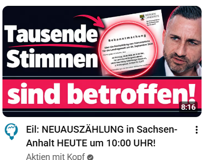 JohannaBurkhar3's tweet photo. Eil: NEUAUSZÄHLUNG in Sachsen-Anhalt HEUTE um 10:00 UHR! In 25 Wahllokale nachzählen.
https://t.co/iSxDvksdLG via @YouTube https://t.co/s8Lf5Ximj8