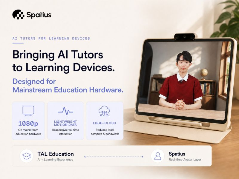spatius_avatar's tweet photo. Putting an AI teacher into a learning device isn’t about adding a bigger GPU.

The harder problem is making a real-time avatar run clearly, responsively, and reliably on the devices students actually use.

That’s what Spatius is doing with TAL Education.

With an edge-cloud architecture, Spatius enables:
• 1080p real-time avatars on mainstream education hardware
• Lightweight motion-data transmission instead of full-video streaming
• Lower compute and bandwidth requirements
• Real-time AI interactions, not prerecorded video
The AI handles understanding, reasoning, and teaching.
Spatius turns those responses into a digital teacher that can appear, speak, and interact in real time.
The real benchmark isn’t whether an AI avatar looks impressive in a demo.
It’s whether it can run reliably, every day, at scale.
https://t.co/4uKFzpPvws