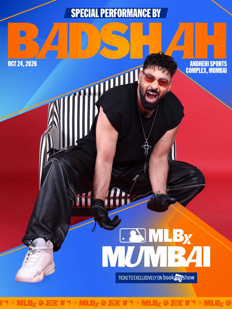bookmyshow's tweet photo. Wakhra Swag is about to meet 3-on-3 baseball! ⚡️⚾️
Badshah is curating a special set for MLBx: Mumbai this October 24, bringing his biggest tracks together with a few unexpected sounds and twists inspired by the world of Americana. 🔥⚡️
Catch his special performance at MLBx. ⚾️

Book your tickets now using the link in bio!