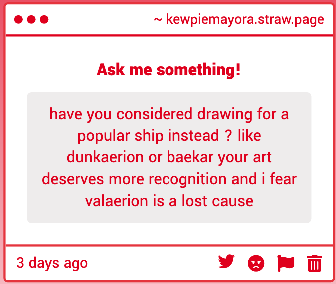 freakinhothere's tweet photo. um idk how to answer this one to not disappoint anyone but like TT haha

I draw what i love and it's currently valaerion!! might be nothingburger but everythingsauce (at least to me) i will keep drawing them until im running out of things to draw :D ❕thanks https://t.co/9vVtOrlUuU