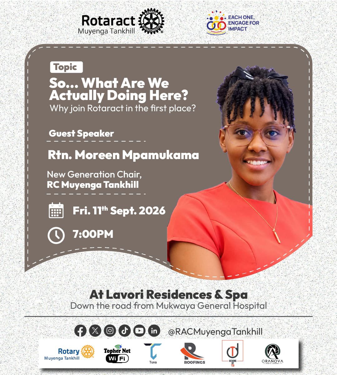 RAC_Tankhill's tweet photo. 🤔💛 So… Why Are We Actually in Rotaract?

Join us as we explore why we join, serve &amp; grow through Rotaract.

🎙️ Rtn. Moreen Mpamukama
📅 Fri, 11 Sept | 🕖 7PM
📍 Lavori Residences &amp; Spa

Everyone’s invited! 🌟

#RACMuyengaTankhill #TheTankhillers #WhyJoinRotaract https://t.co/dWBX4n7hmn