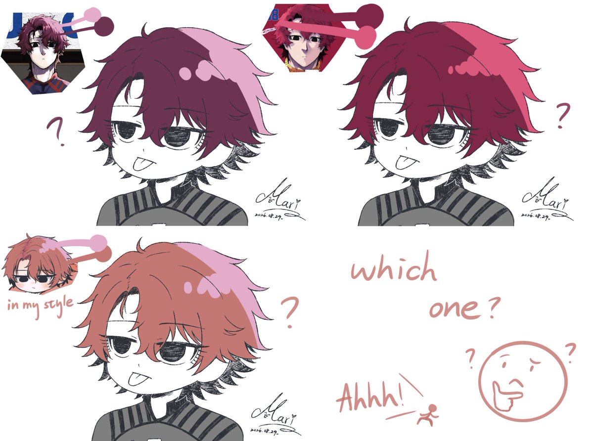 mari_inukai's tweet photo. I’m honestly still not sure what shade of burgundy Hugo’s hair is supposed to be.
What do you guys think? Which shade do you prefer? 
#bIlk #vivianhugo #bluelock #fanart https://t.co/G59xZgqfwL