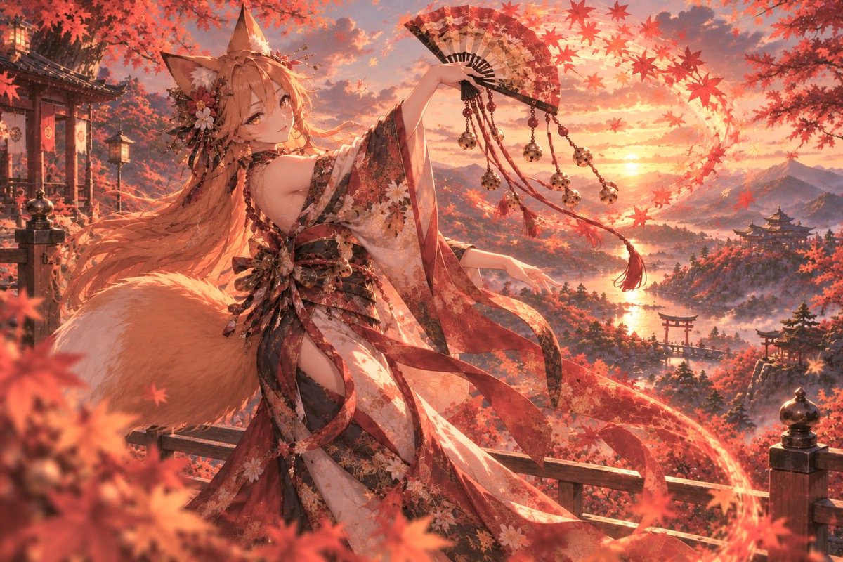 Koudesuto's tweet photo. 初めまして、参加させていただきます｡

『紅葉の舞——美しく散らかし』

#AIもふもふ秋日和 https://t.co/233FxGB65h