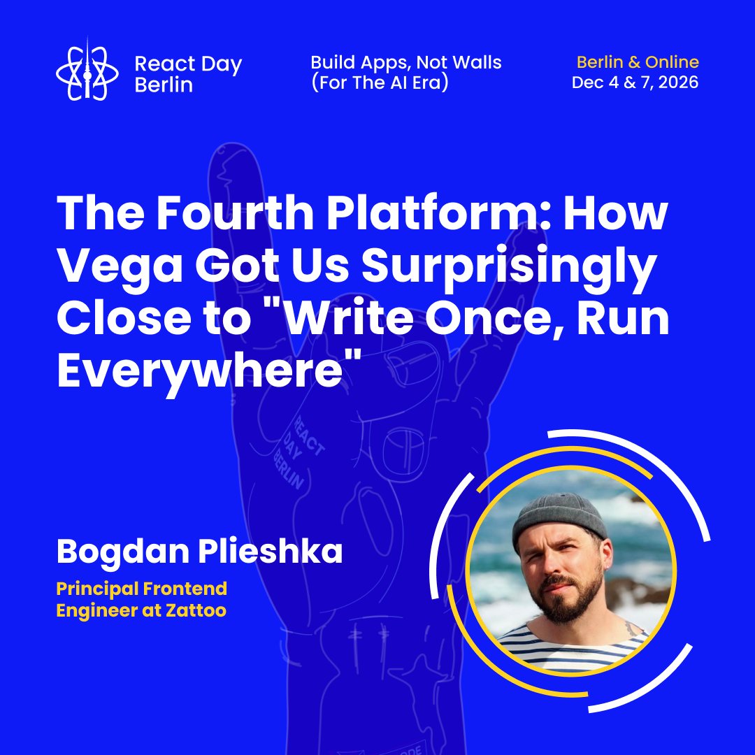 reactdayberlin's tweet photo. "Write once, run everywhere" has been a promise for decades. Vega might finally deliver it.

@gotbahn explains at React Day Berlin.

Reserve your spot → https://t.co/bqqsFgHlrd https://t.co/rklVU8LuLi