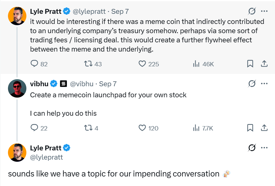 cfm_sol's tweet photo. I see two main catalysts behind $CTO recent rally.

8K5X85PAJHAAVSvYaAzgVPPAPsqqHmvx16ZyBiscYF8L

The first is the connection between CTO and VIDA / VIDAx. Buying CTO drives trading and locking activity in tokenized VIDAx, which can indirectly affect the real VIDA stock.

VIDA has a very small public float in the traditional stock market, while CTO is paired with tokenized VIDAx. As more VIDA / VIDAx gets locked into Meme liquidity pools, the amount of supply available for trading in the traditional stock market becomes smaller. In theory, this can make the stock more susceptible to increased volatility or even a short-squeeze effect.

The second catalyst came from the Founder and CEO of Vida Global, who tweeted that if Memes can indirectly contribute revenue to the underlying company’s treasury through trading fees or licensing agreements, then the Meme and the company could form a much stronger flywheel.

Vibhu, the Product Lead at the Solana Foundation, directly replied:

“We can build a Meme launchpad for your stock. I’m willing to help.”

Pratt subsequently responded that they could discuss it in more depth.