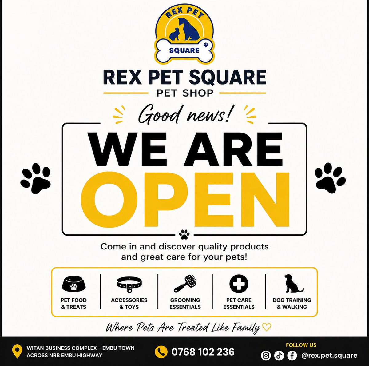 Rex_Pet_Square's tweet photo. We’re OPEN..

Your pets’ needs, all in one place. Come shop with us today..

#Pets #Embu #Petshop #Petskenya https://t.co/biLZPKQxEr