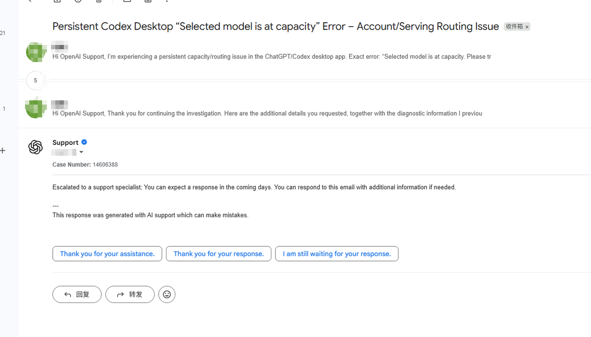 jm_open's tweet photo. @thsottiaux @thsottiaux @OpenAI This Codex issue has lasted for days: “Selected model is at capacity.” Many users on X report the same problem. I contacted Support, submitted a Feedback ID, and tested multiple models/networks — still no fix. Paying users deserve a real solution. https://t.co/FJ21iDJN5V