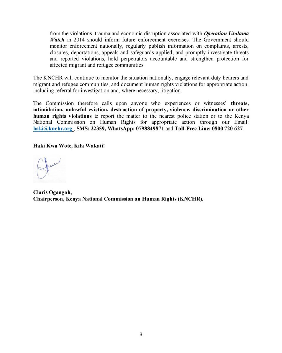 HakiKNCHR's tweet photo. PRESS STATEMENT
@HakiKNCHR has expressed concern over the potential human rights implications arising from recent Government directives and public statements concerning foreign nationals engaged in small-scale businesses and trade in Kenya.

The Commission’s concern follows a directive issued by H.E. President William Samoei Ruto on 2nd September 2026 regarding the closure of small businesses operated by foreign nationals, as well as a subsequent Press Statement issued on 6th September 2026 by the Cabinet Secretary for Investments, Trade and Industry clarifying the Government’s position on work visa applications for foreign nationals.

KNCHR calls for a human rights-based approach- HRBA in the enforcement of immigration and business regulations, emphasizing the importance of ensuring that all measures undertaken uphold human dignity, equality, non-discrimination, due process and the rule of law.
(READ MORE)