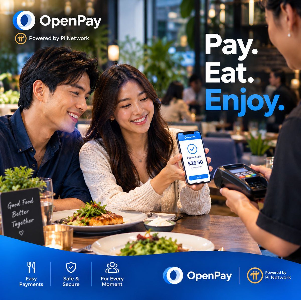 OpenPayTeam's tweet photo. 🍽️ Pay. Eat. Enjoy. With OpenPay.

Good food deserves a simple payment experience. OpenPay makes everyday dining easy with fast, convenient, and secure payments — so you can focus on the moment, not the checkout.

One app. Simple payments. More moments to enjoy.

Start with OpenPay:
https://t.co/o7ppDQWbPW

#OpenPay #DigitalPayments #Fintech #Web3 #Crypto #PayWithOpenPay #PiNetwork