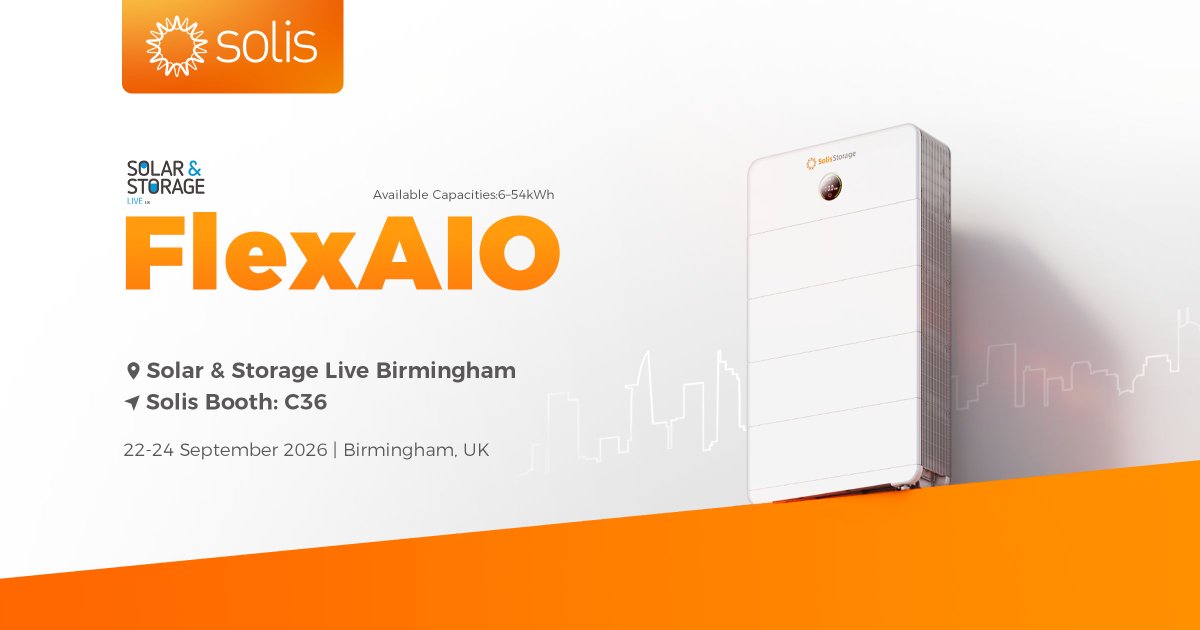 Solis_Inverters's tweet photo. π¬π§ Solis is coming to Solar & Storage Live UK 2026!
Join us in Birmingham and discover FlexAIO, our All-in-One Stackable Energy Storage System.
π
22β24 Sep
π The NEC, Birmingham
π Booth C36
ποΈ Register: https://t.co/6ITKeps37w
See you at #SolarStorageLive!
#Solis #FlexAIO #EnergyStorage