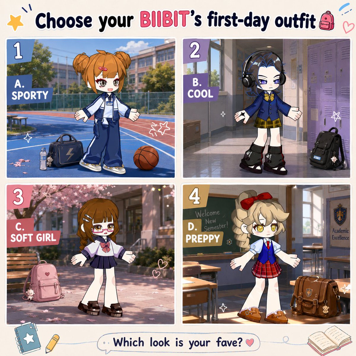 Bside_EN's tweet photo. First day fits, but make it BIIBIT 🎒✨
Which look are you sending your BIIBIT to school in? 👀
1️⃣ Sporty
2️⃣ Cool
3️⃣ Soft Girl
4️⃣ Preppy
Drop your pick below! 💬
#Bside #BIIBIT #BackToSchool #DressUp #OOTD #CharacterCustomization https://t.co/qatVt56big