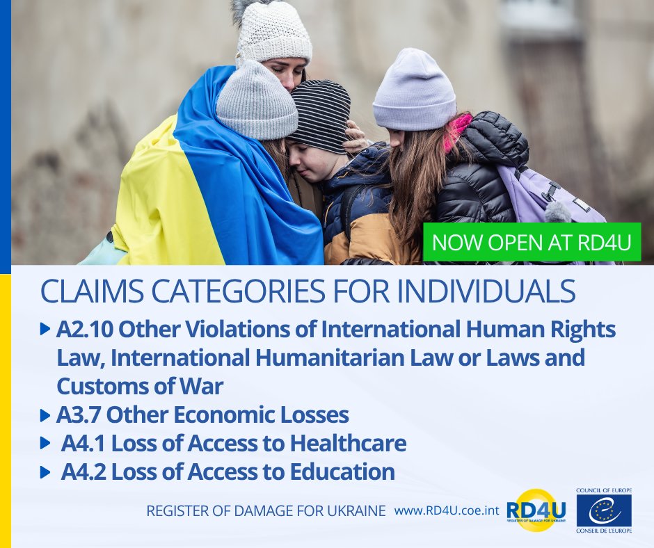 RD4U_claims's tweet photo. 📢 All claim categories for individuals are now open! The final four categories – A4.1, A4.2, A2.10, and A3.7 – are ready for submitting #claims to #RD4U!
Read more:
https://t.co/sbG19ll31E
#Ukraine https://t.co/Af7EdQRY1P