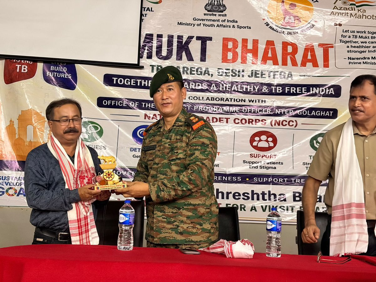 nccner's tweet photo. 12 Assam NCC Battalion, Golaghat, under the aegis of NCC GP HQ Jorhat, conducted an awareness programme on TB Mukt Bharat Abhiyan at Commerce College, Golaghat, on 08 Sep 2026.

The event witnessed the participation of the Principal, Commerce College; TB Officer, Golaghat; 06 medical staff from the TB Office; 02 NCC PI Staff; and 100 NCC Cadets. 🇮🇳🩺

The programme commenced with a welcome address by Dr Utpal Sarma, Principal, Commerce College, Golaghat, followed by a brief introduction by Lt Col Atong Konyak, Administrative Officer, 12 Assam NCC Battalion. The medical team from the TB Office, Golaghat District, thereafter conducted an informative awareness session, highlighting TB prevention, early detection, treatment and the collective responsibility towards a TB-free India.

#NCC #TBMuktBharat #TBFreeIndia #HealthAwareness #RashtriyaSurakshaProtsahanYojana #12AssamNCC #NCCGPJorhat #UnityAndDiscipline 

@HQ_DG_NCC @easterncomd @vatsvirendra1 @ProAssam