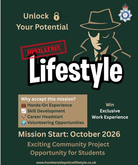 HP_LifestyleYET's tweet photo. Are you 16–18 and ready to develop your skills, help your community and win exclusive prizes— days out with friends and work experience with Humberside Police? 
Sign up to Operation Lifestyle 🚀
Join us at Hull College today to find out more
https://t.co/b4IsMtWc4k https://t.co/fY9mNUfXip