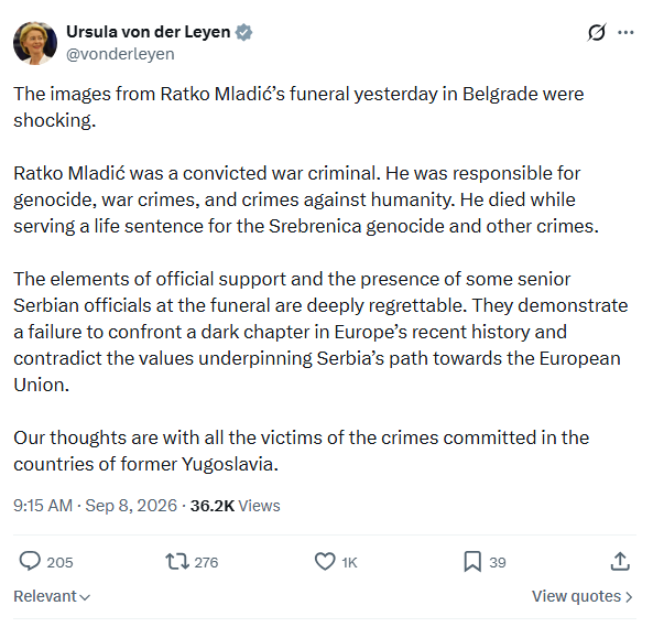 fabianvendrig's tweet photo. Croatia, an EU member state, honors people associated with the Nazi-aligned Ustaše regime in #Croait for example, and that apparently raises no concerns for @vonderleyen and all her EU minions.  This morning, and earlier this week, it seems they well coordinated action against #Serbia.

The thing is that when #Serbia facilitates the burial of #Mladic, it is portrayed as a major problem, but when this happens any where else it is no problem.   

The double standards are so blatant that they are not even shocking anymore.  A day without bashing #Serbia is not a day it seems....

Let's hope this is soon over, because open old wounds is for nobody good.