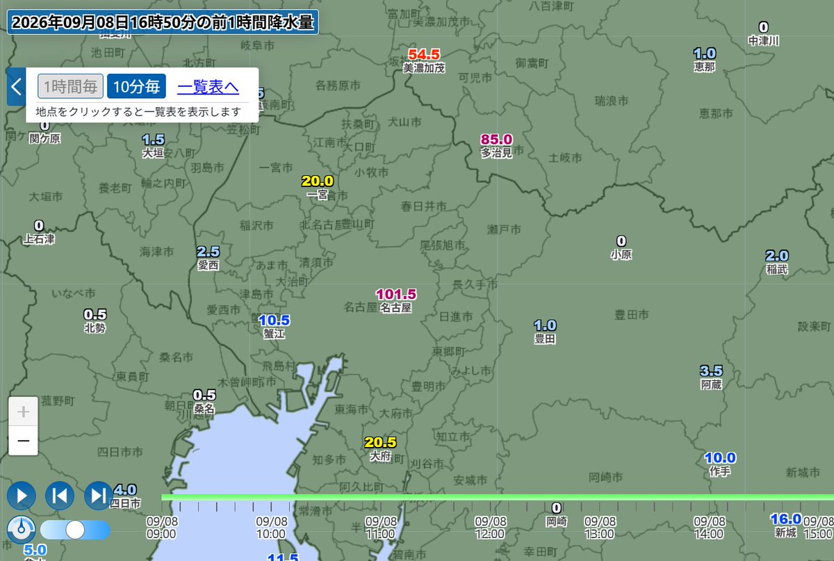 u_minatuki's tweet photo. 16時50分、名古屋で101.5mm/h
2000年9月東海豪雨の97.0mm/hを超え、
1890年からの極値を更新。 https://t.co/vauRj2iyBM