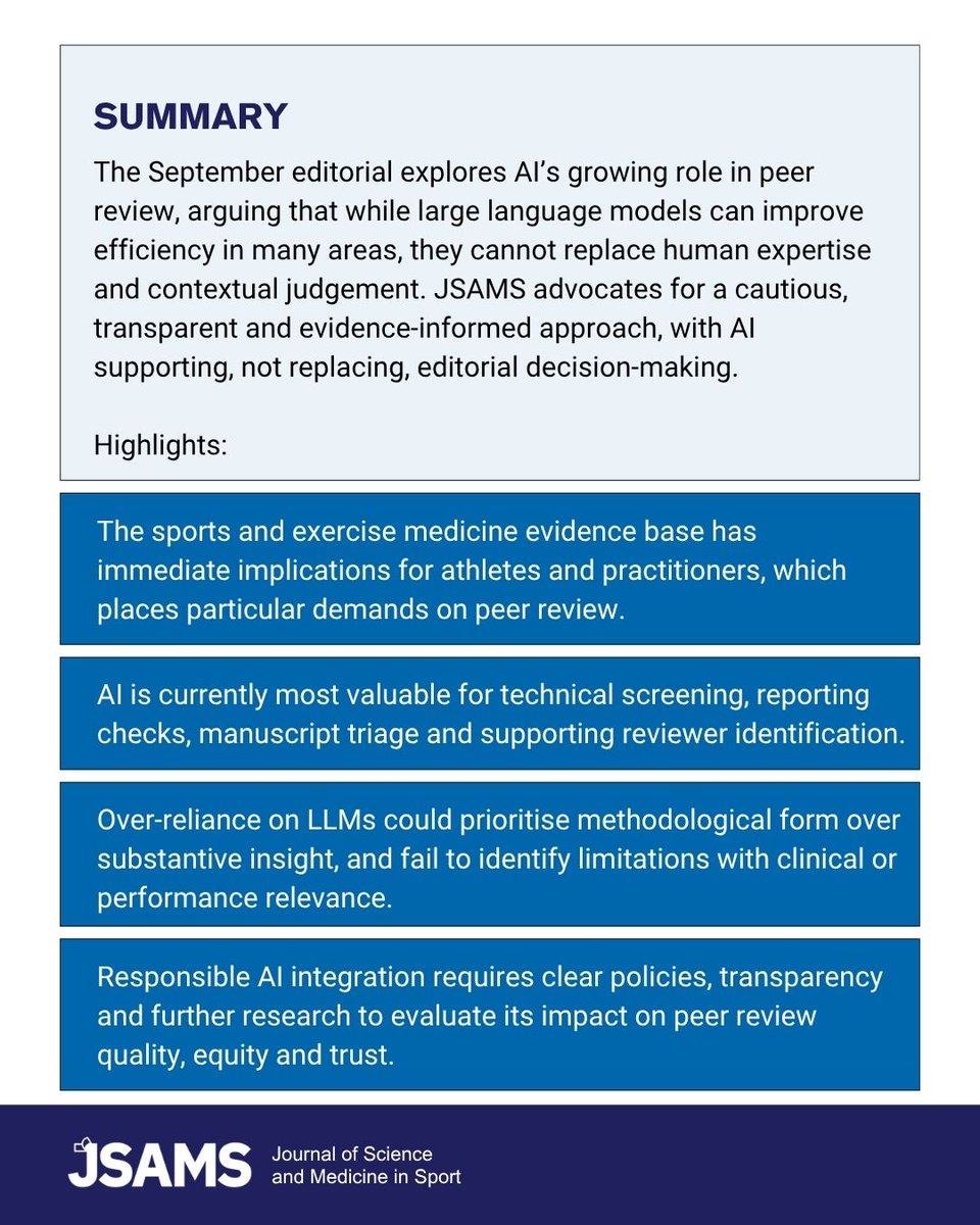 _JSAMS's tweet photo. Toomas Timpka and Tim Meyer discuss the appropriate use of AI in the peer review process and highlight three articles in the September 2026 JSAMS Editorial.
Read: https://t.co/bL7A8serkz
#jsams #research #health #sportscience #scientificjournal #excercisescience #AI #LLM https://t.co/SVM6R8ZVun