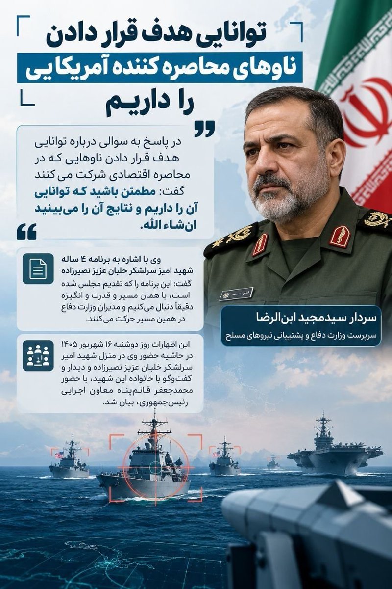 ilam_98_t's tweet photo. سردار ابن‌الرضا امروز نشان داد که وزارت دفاع نه فقط پشتیبان تولید قدرت، که طراح پاسخ‌های مقتدرانه به تهدیدات است https://t.co/kc92UmyVYa